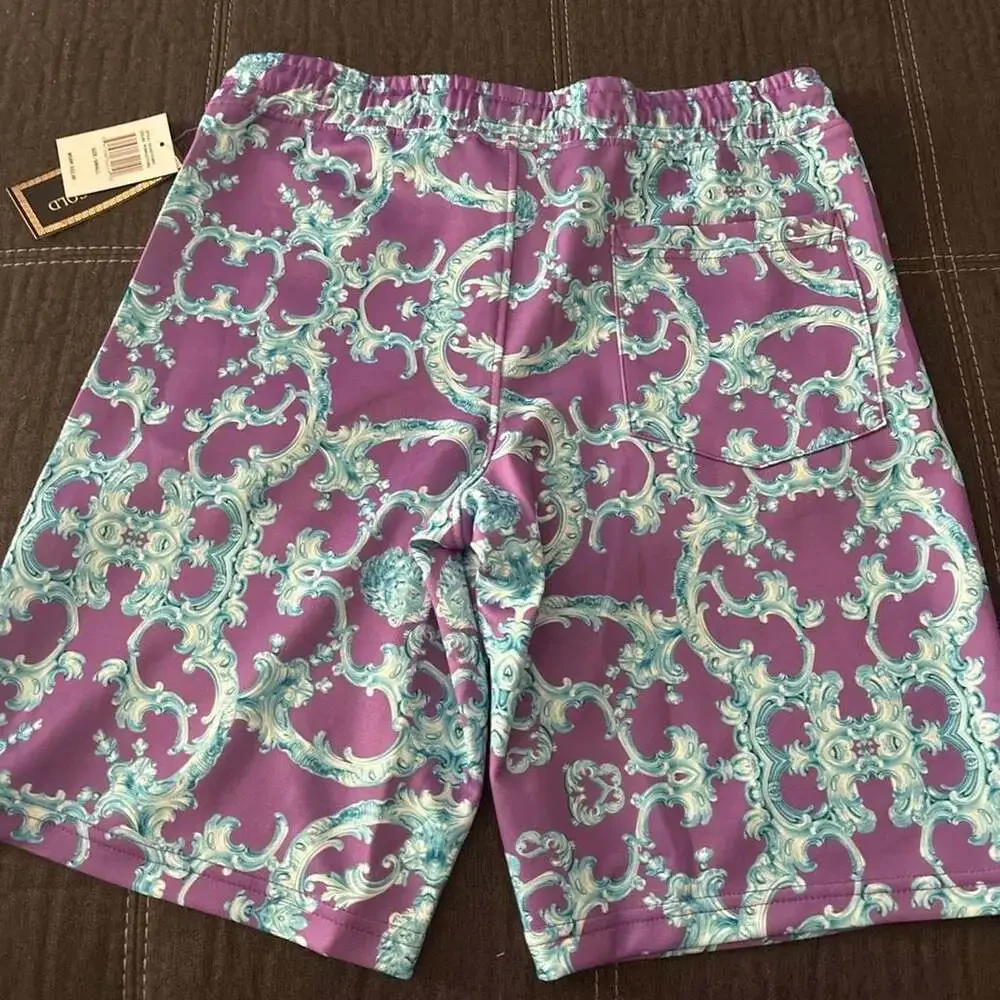 Black Gold Purple Baroque Print Swim Trunks